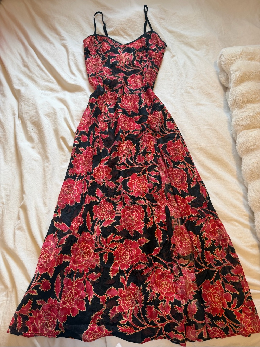 Vintage Victoria's Secret Sheer Black Maxi Slip Dress with Red Floral Print